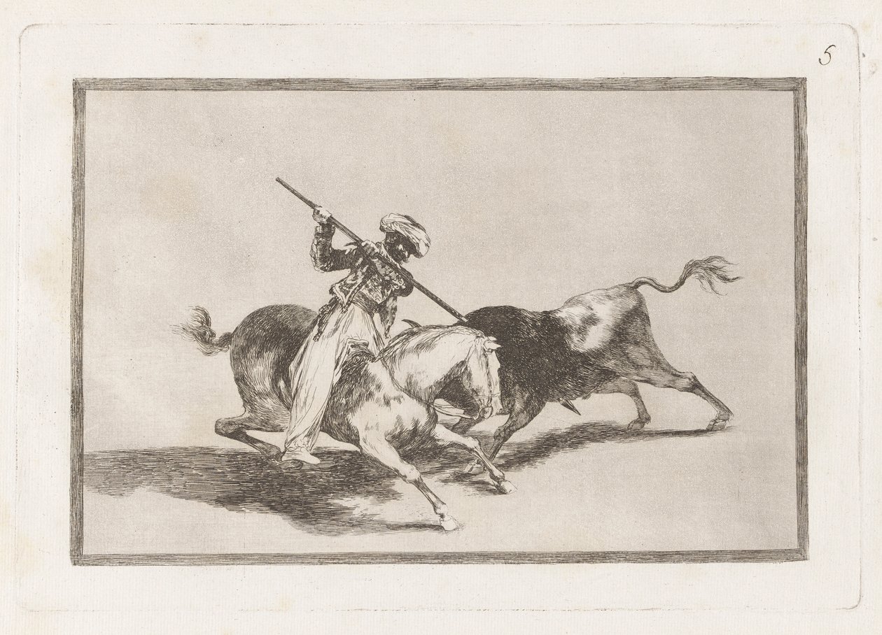 Er den livlige mauriske Gazul den første til at kaste? tyre i regel (The Spirited Moor Gazul er den første til at spyd tyre ifølge reglerne), plade 5 fra La tauromaquia af Francisco de Goya
