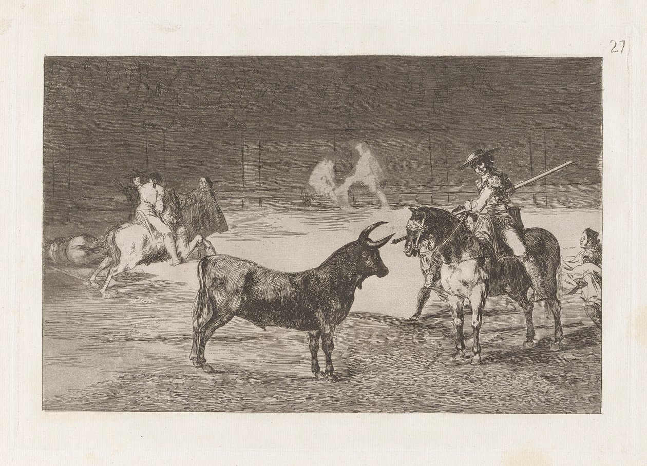 El c?lebre Fernando del Toro, barilarguero, tvinger udyret med sin stang (Den fejrede Picador, Fernando del Toro, tegner det voldsomme udyr på med sin piké), plade 27 fra La tauromaquia af Francisco de Goya