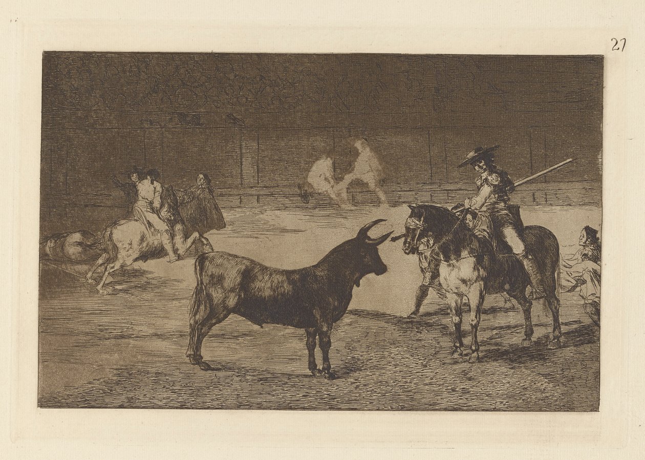 Den berømte Fernando del Toro, barilarguero, tvinger ? la Fiera con su garrocha (Den fejrede Picador, Fernando del Toro, tegner det voldsomme udyr på med sin pique), tallerken 27 fra La tauromaquia af Francisco de Goya