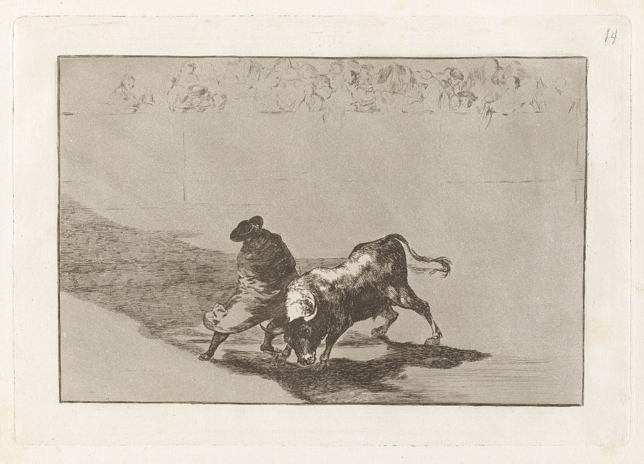 Den diestr?sm-elev af False, præget driller tyren med sine pauser (The Very Skilful Student of False, Wrapped in his Cape, Tricks the Bull with the Play of his Body), Plade 14 fra The Tauromachia af Francisco de Goya