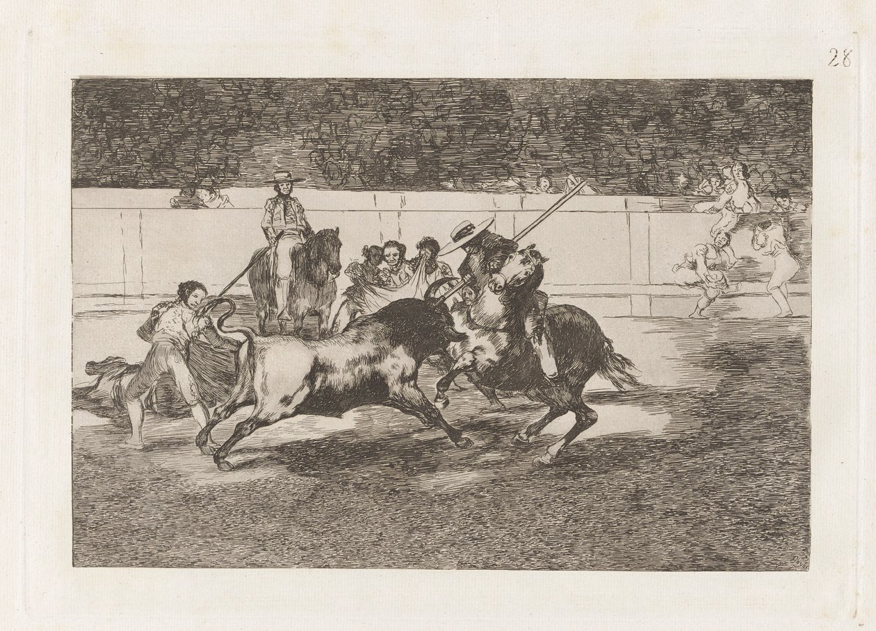 Den anstrengende Rendon, der bider en tyr, hvis skæbne døde han af? en la plaza de Madrid (Den kraftfulde Rendon stikker en Tyr med Piquén, hvorfra han døde i Ringen af ​​Madrid), Tavle 28 fra La tauromaquia af Francisco de Goya