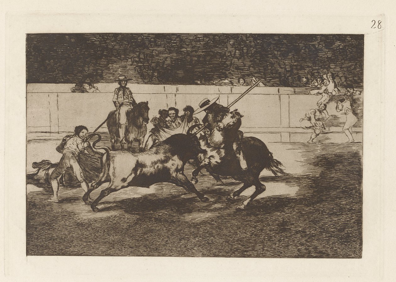 Den anstrengende Rendon, der bider en tyr, hvis skæbne døde han af? en la plaza de Madrid (Den kraftfulde Rendon stikker en Tyr med Piquén, hvorfra han døde i Ringen af ​​Madrid), Tavle 28 fra La tauromaquia af Francisco de Goya
