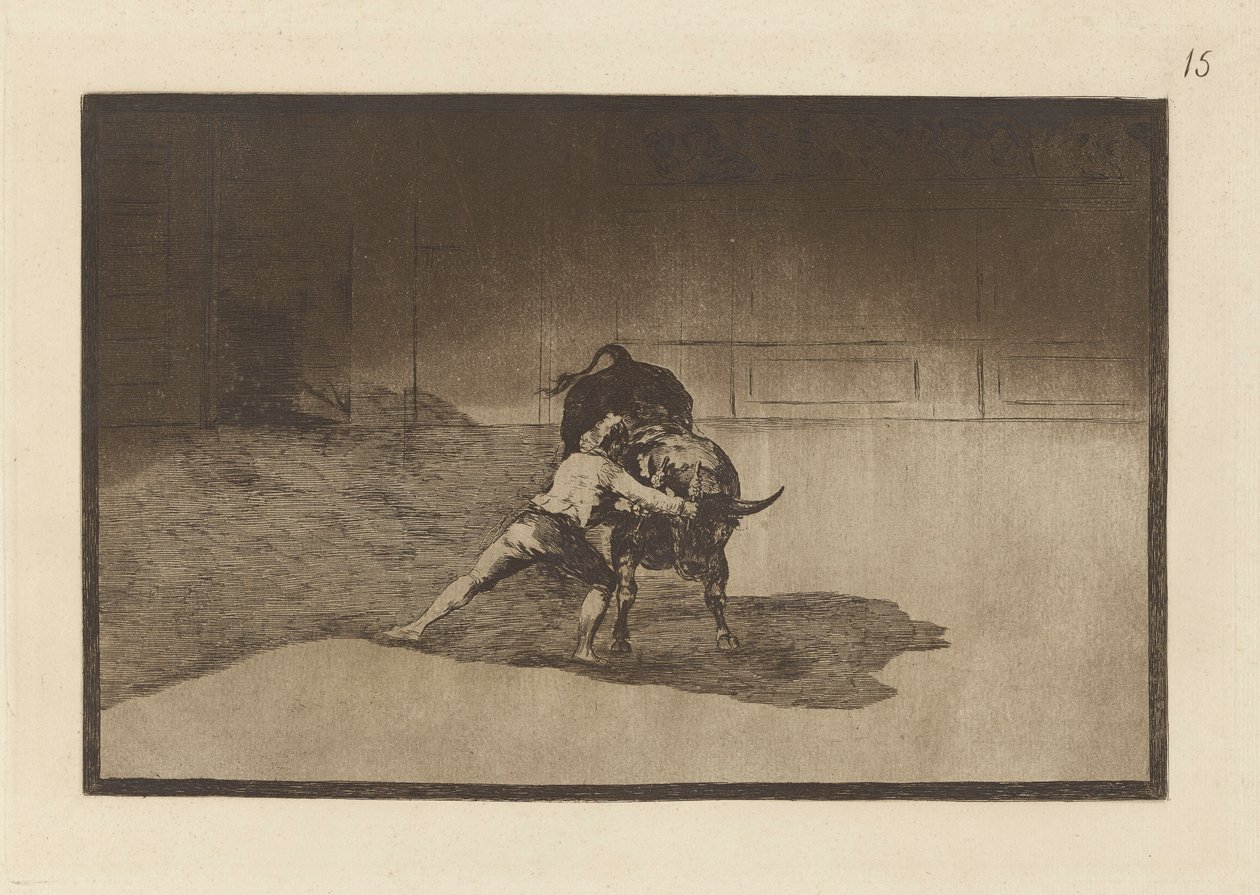 Den berømte Martincho, sætter banderillas til pause. (Den berømte Martincho placerer banderillaerne, der spiller tyren med sin krops bevægelse), tavle 15 fra La tauromaquia af Francisco de Goya