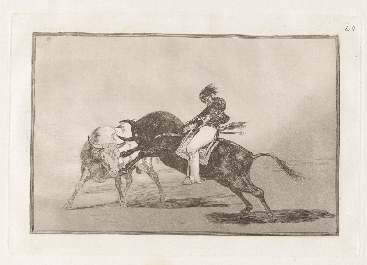 Den samme Ceballos monteret på en anden tyr knækker Rejones på Plaza de Madrid (Den samme Ceballos monteret på en anden tyr bryder korte spyd i ringen i Madrid), plade 24 fra La tauromaquia af Francisco de Goya