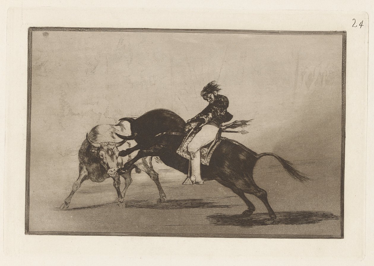Den samme Ceballos monteret på en anden tyr knækker Rejones på Plaza de Madrid (Den samme Ceballos monteret på en anden tyr bryder korte spyd i ringen i Madrid), plade 24 fra La tauromaquia af Francisco de Goya