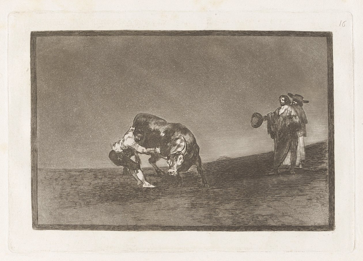 Han dumper selv en tyr på Madrids plaza (Den samme mand kaster en tyr i ringen ved Madrid), tavle 16 fra La tauromaquia af Francisco de Goya