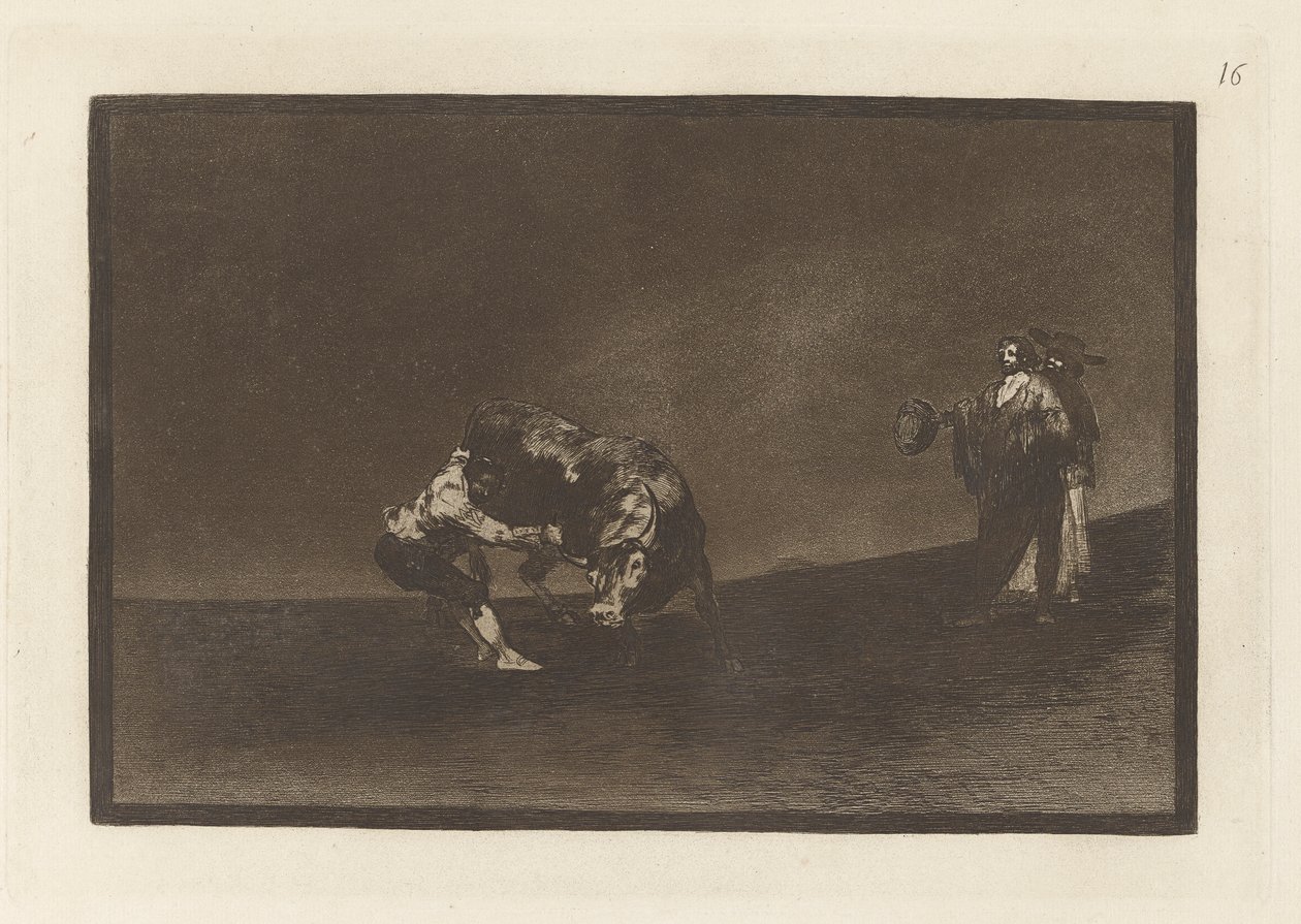 Han dumper selv en tyr på Madrids plaza (Den samme mand kaster en tyr i ringen ved Madrid), tavle 16 fra La tauromaquia af Francisco de Goya