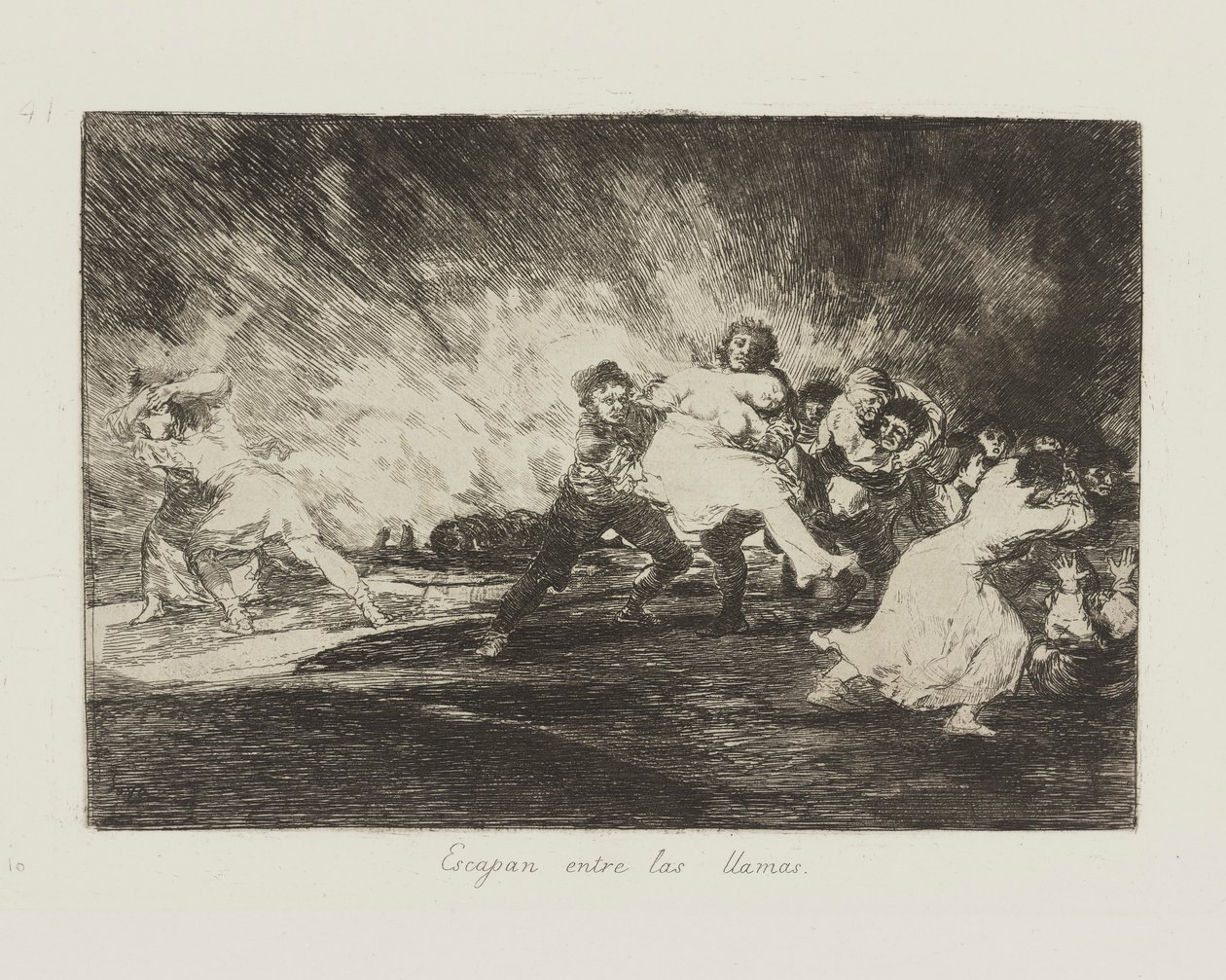 De flygter ind i flammerne. (De undslipper gennem flammerne.), pl. 41 fra serien The Disasters of War af Francisco de Goya