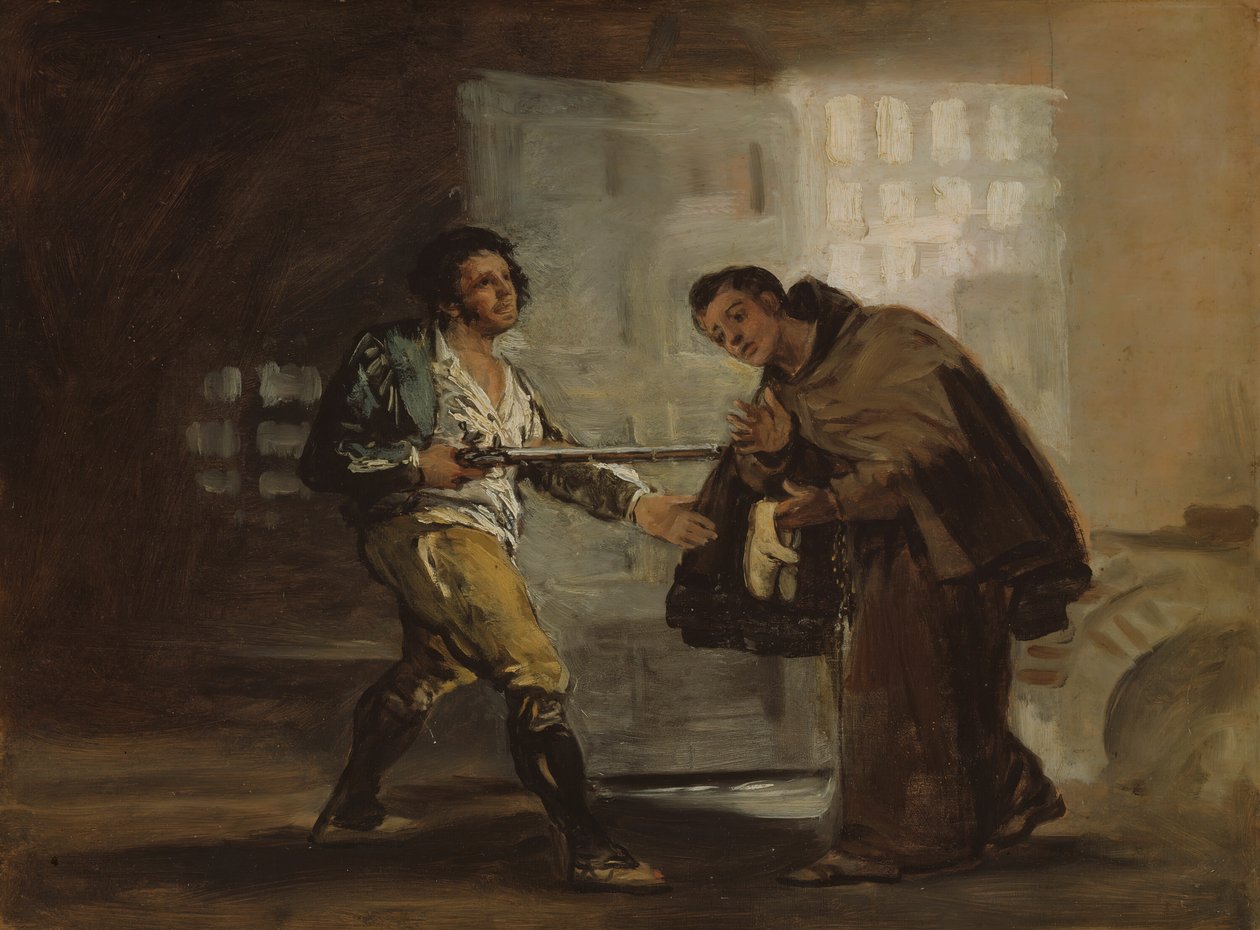 Broder Pedro tilbyder sko til El Maragato og forbereder sig på at skubbe sin pistol til side, ca. 1806. af Francisco de Goya