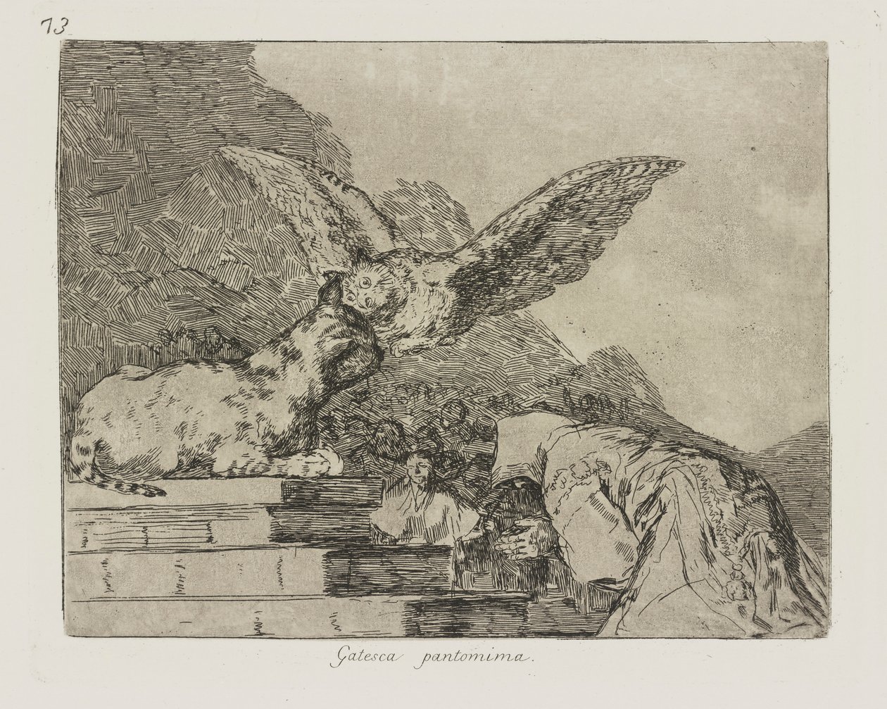 Gatesk pantomime. (Feline Pantomime.), pl. 73 fra serien The Disasters of War af Francisco de Goya