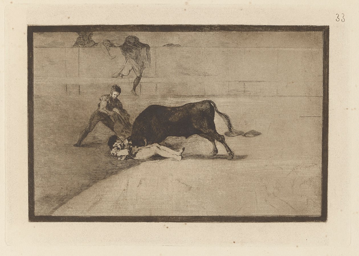 Pepe Illos uheldige død i ringen i Madrid (Pepe Illos uheldige død i ringen i Madrid), tavle 33 fra La tauromaquia af Francisco de Goya