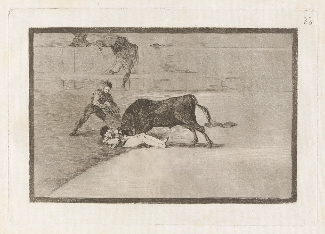 Pepe Illos uheldige død i ringen i Madrid (Pepe Illos uheldige død i ringen i Madrid), tavle 33 fra La tauromaquia af Francisco de Goya