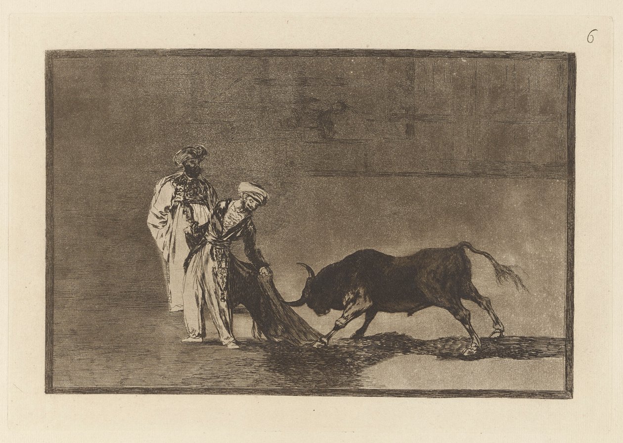 Maurerne laver endnu en capeo på pladsen med deres albornoz (Maurerne gør en anderledes leg i ringen Calling the Bull with their Burnous), Plade 6 fra La tauromaquia af Francisco de Goya