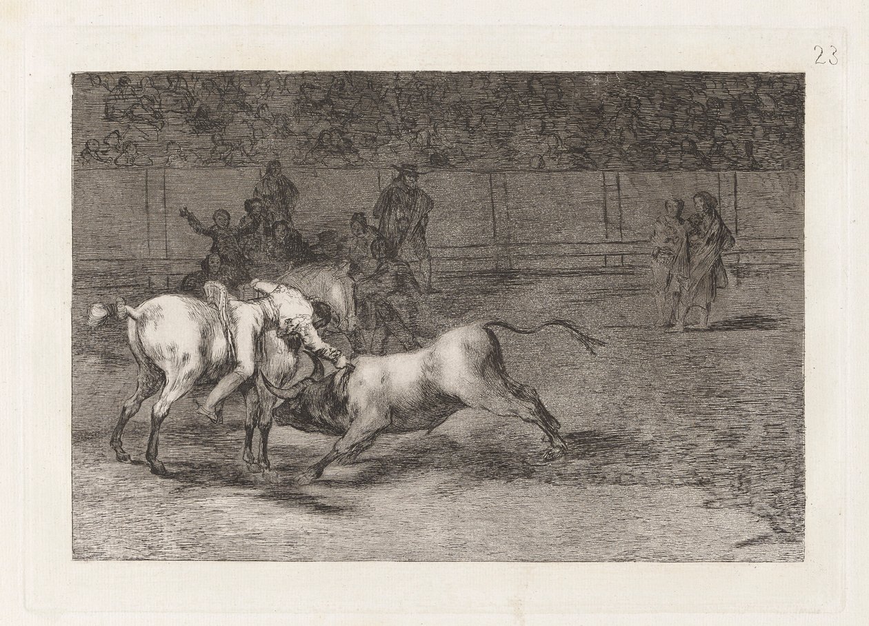 Mariano Ceballos, alias indianeren, dræber tyren fra sin hest (Mariano Ceballos, Alias ​​​​indianeren, dræber tyren fra sin hest), plade 23 fra La tauromaquia af Francisco de Goya