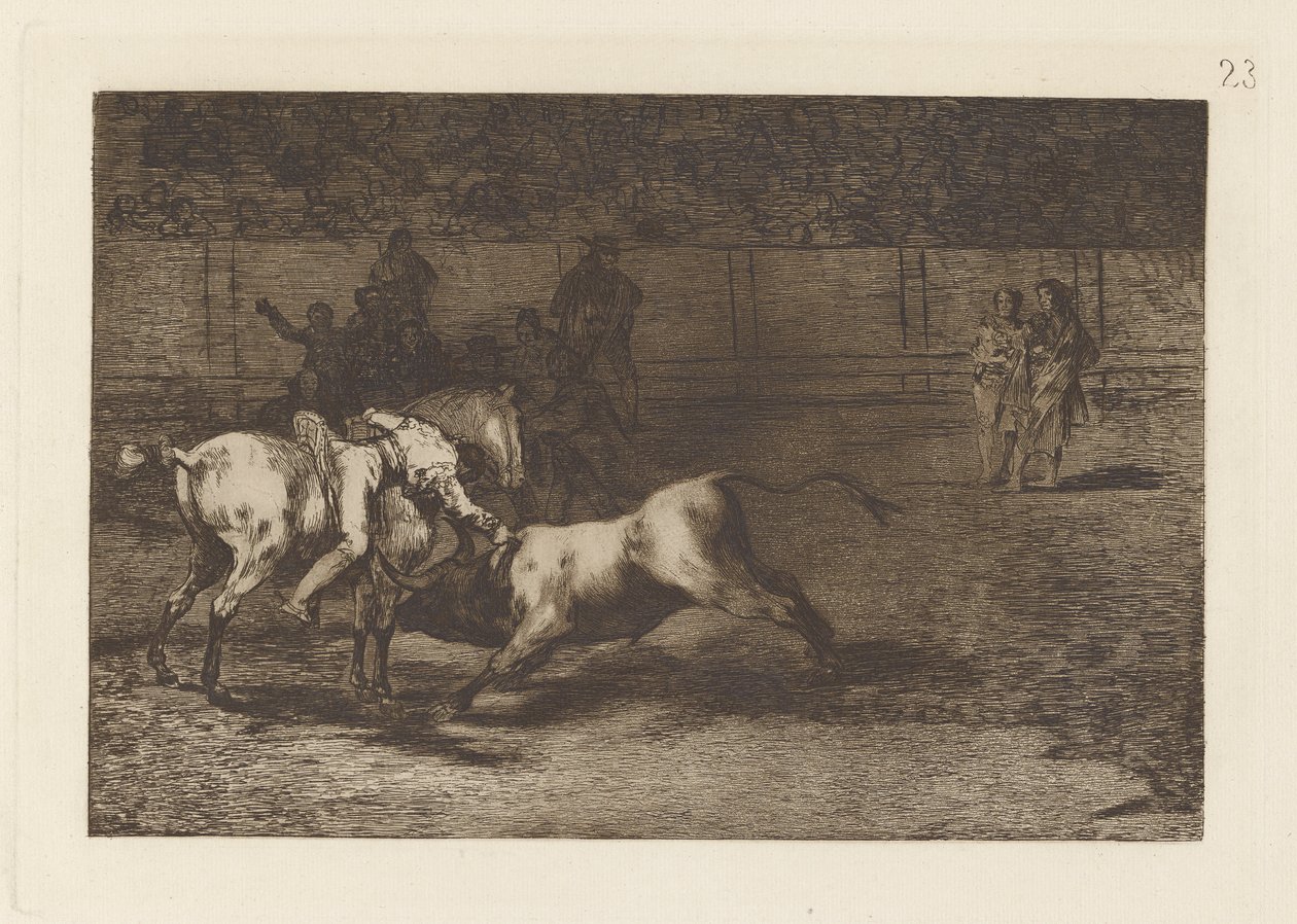 Mariano Ceballos, alias indianeren, dræber tyren fra sin hest (Mariano Ceballos, Alias ​​​​indianeren, dræber tyren fra sin hest), plade 23 fra La tauromaquia af Francisco de Goya