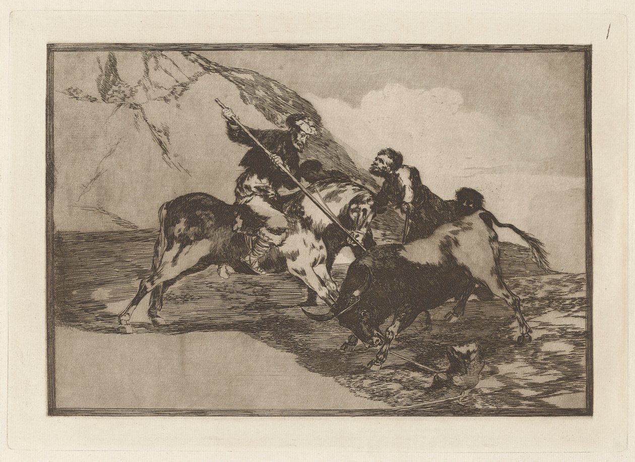 Hvordan jagtede de gamle spaniere tyrene? hest i marken (Måden hvorpå de gamle spaniere jagede tyre på hesteryg i det åbne land), tavle 1 fra La tauromaquia af Francisco de Goya