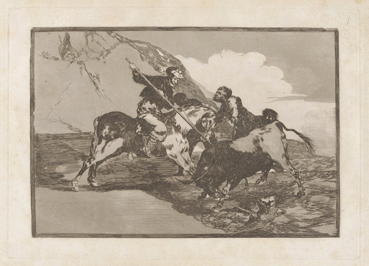 Hvordan jagtede de gamle spaniere tyrene? hest i marken (Måden hvorpå de gamle spaniere jagede tyre på hesteryg i det åbne land), tavle 1 fra La tauromaquia af Francisco de Goya