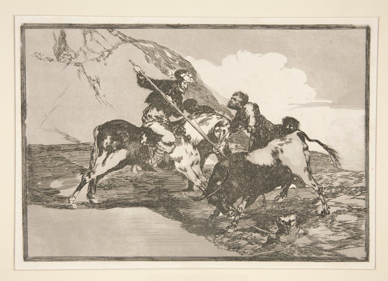 Hvordan jagtede de gamle spaniere tyrene? hest i marken (Måden hvorpå de gamle spaniere jagede tyre til hest i det åbne land), pl. 1 fra serien Tyrefægtning af Francisco de Goya