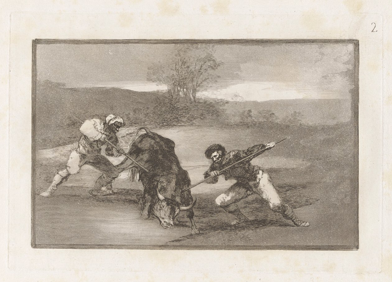 En anden måde at jage på? fod (En anden måde at jage på til fods), tavle 2 fra La tauromaquia af Francisco de Goya