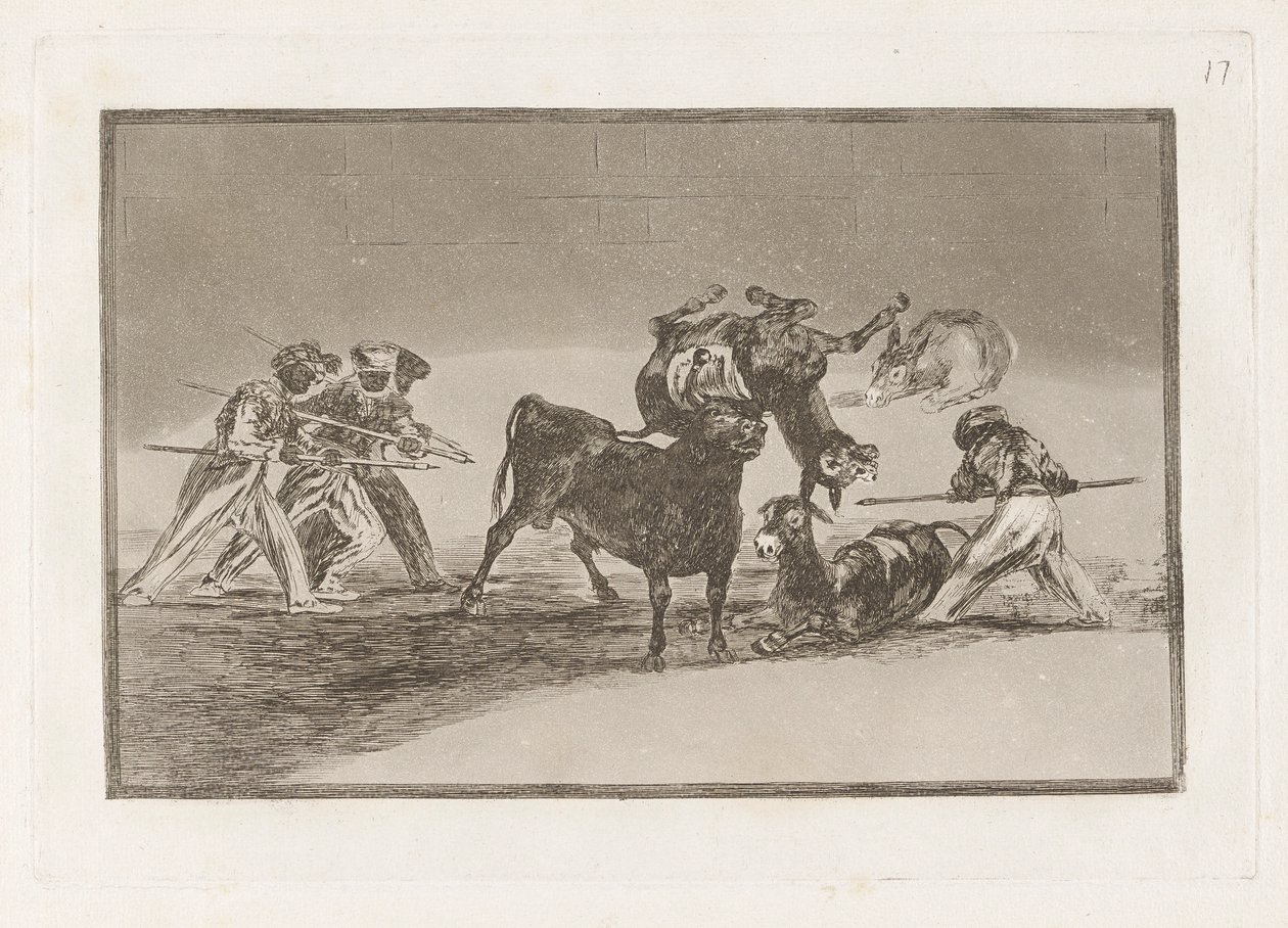 Palenque de los moros hecho con burros para defenderse del toro embolado (Maurerne bruger æsler som en barriere for at forsvare sig mod tyren, hvis horn er blevet tippet med bolde), plade 17 fra La tauromaquia af Francisco de Goya