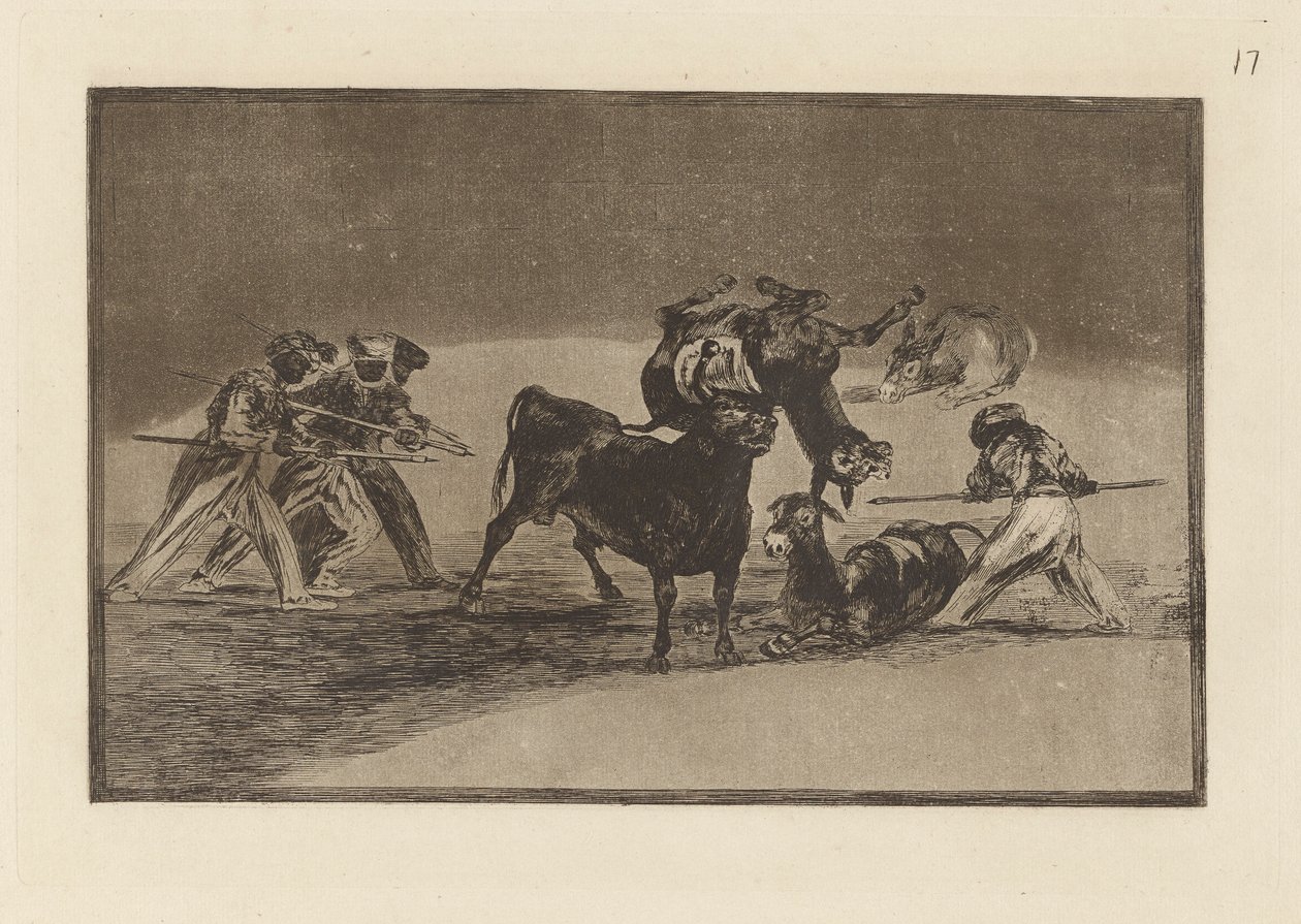 Palenque de los moros hecho con burros para defenderse del toro embolado (Maurerne bruger æsler som en barriere for at forsvare sig mod tyren, hvis horn er blevet tippet med bolde), plade 17 fra La tauromaquia af Francisco de Goya