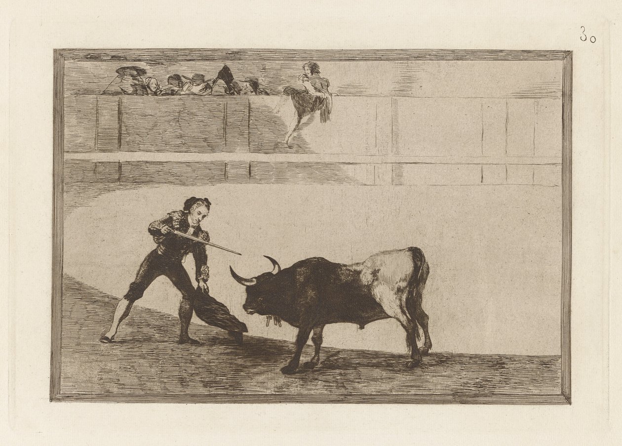Pedro Rosemary? til stående tyr (Pedro Romero Killing the Halted Bull), Plade 30 fra The Bull Machinery af Francisco de Goya