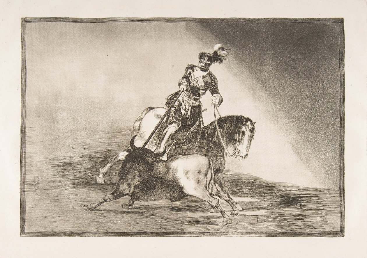 Tavle 10 fra La Tauromaquia: Charles V spidder en tyr i ringen ved Valladolid, 1816. af Francisco de Goya