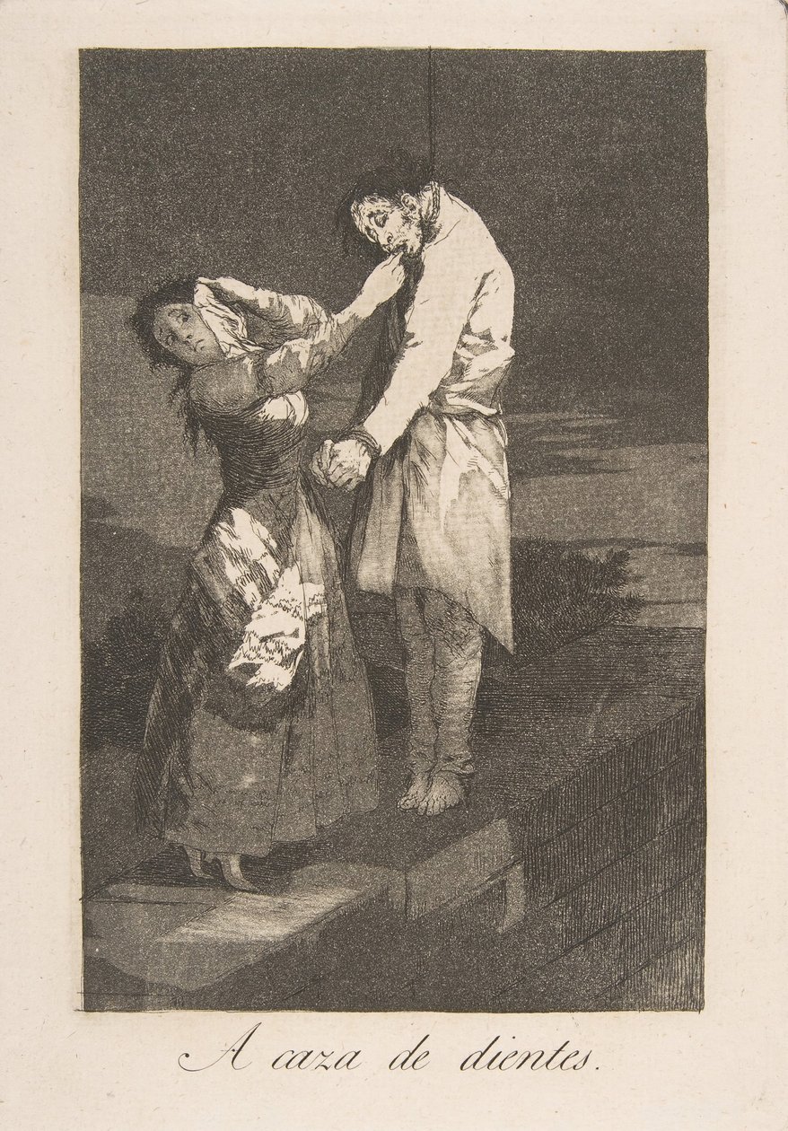 Tavle 12 fra Los Caprichos: Ud på jagt efter tænder A caza des dientes., 1799. af Francisco de Goya