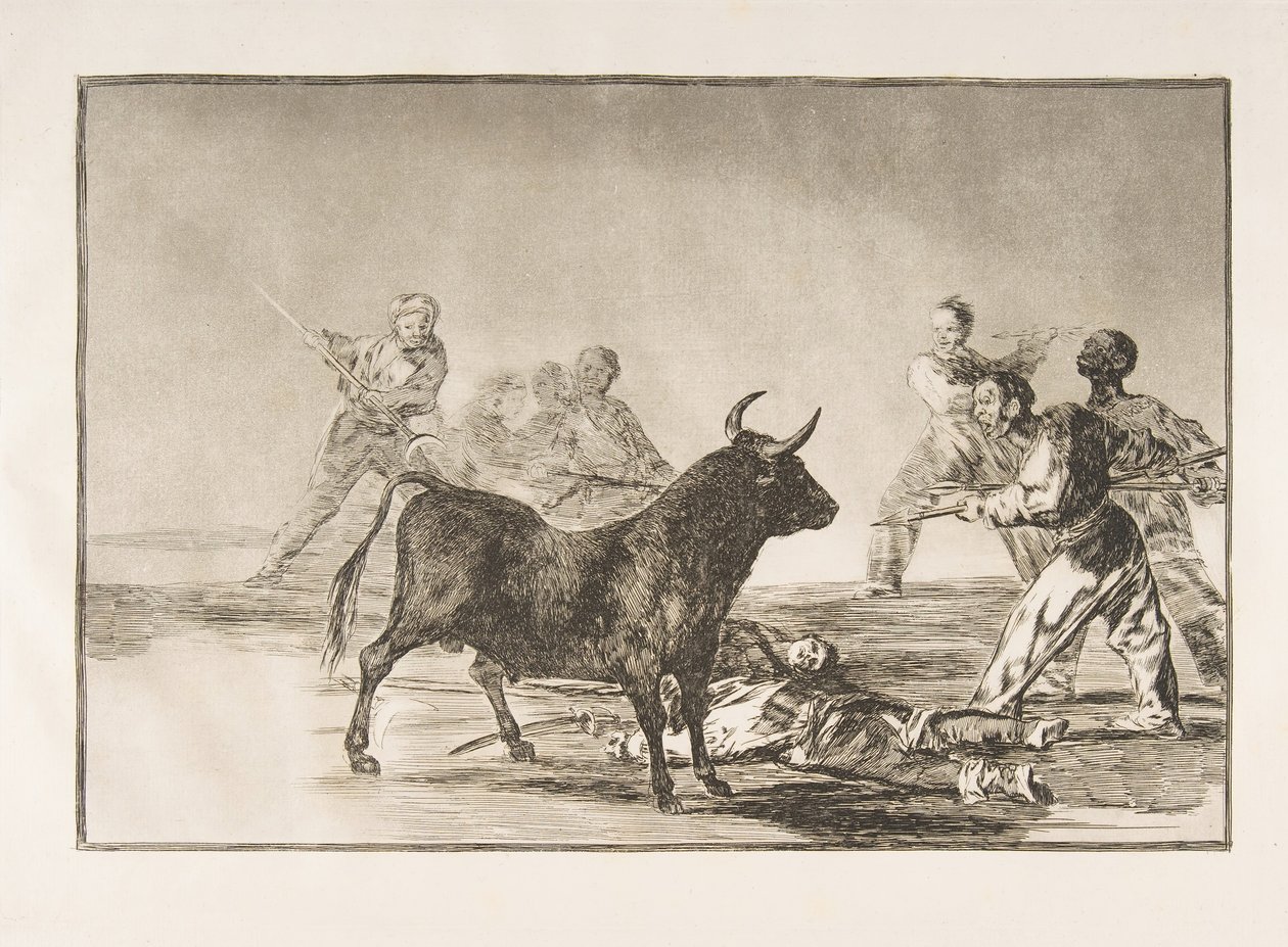 Plade 12 fra Tauromaquia: Folkemængden binder tyren baglår med lanser, segl, bånd..., 1816. af Francisco de Goya