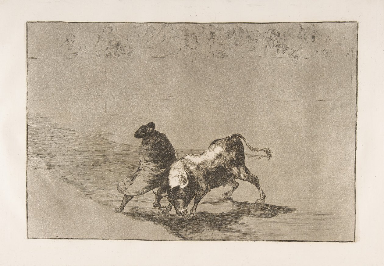 Plade 14 fra Tauromaquia: Den meget dygtige elev af Falces, svøbt i sin kappe..., 1816. af Francisco de Goya