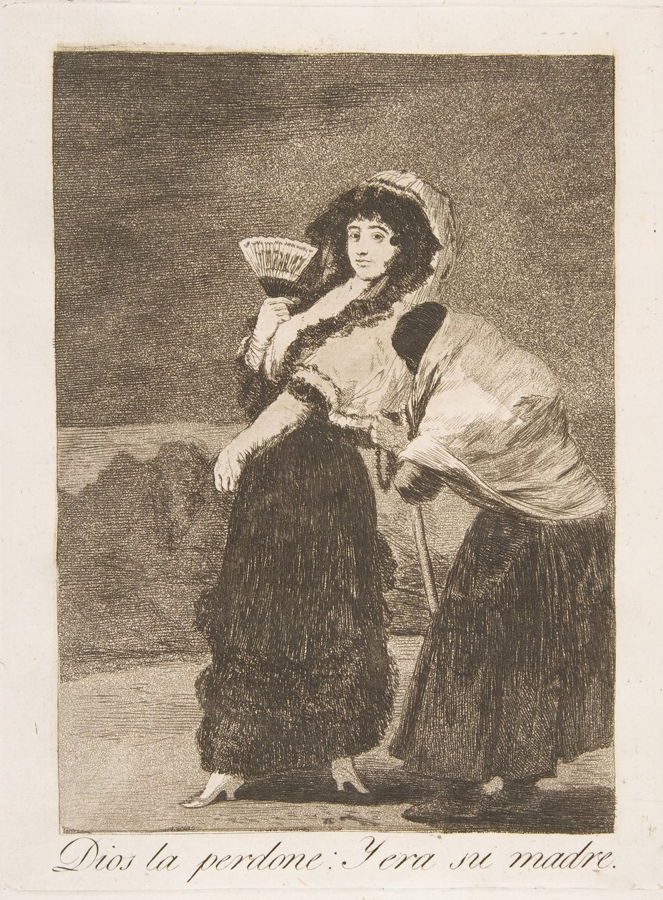 Tavle 16 fra Los Caprichos: For himlens skyld: og det var hendes mor Dios la Perdone: Y..., 1799. af Francisco de Goya