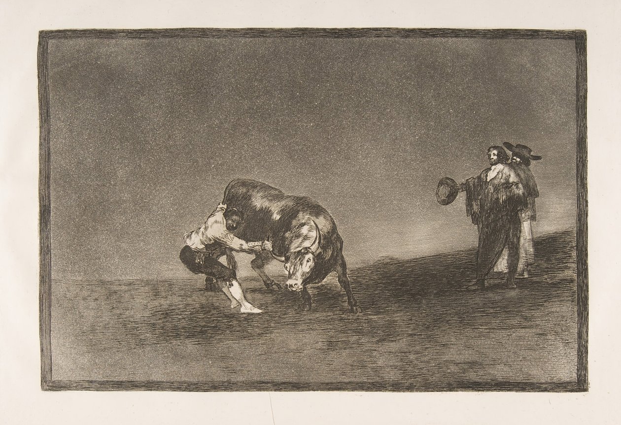 Tauromaquia-plade 16: Den samme mand kaster en tyr i ringen i Madrid, 1816. af Francisco de Goya