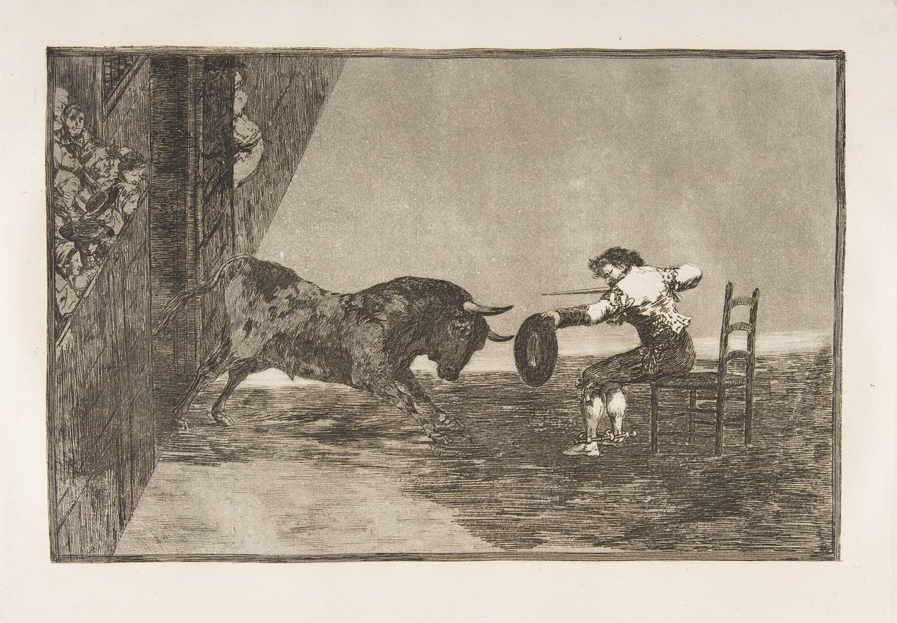 Tauromaquia-plade 18: Martinchos vovelighed i ringen ved Zaragoza, 1816. af Francisco de Goya