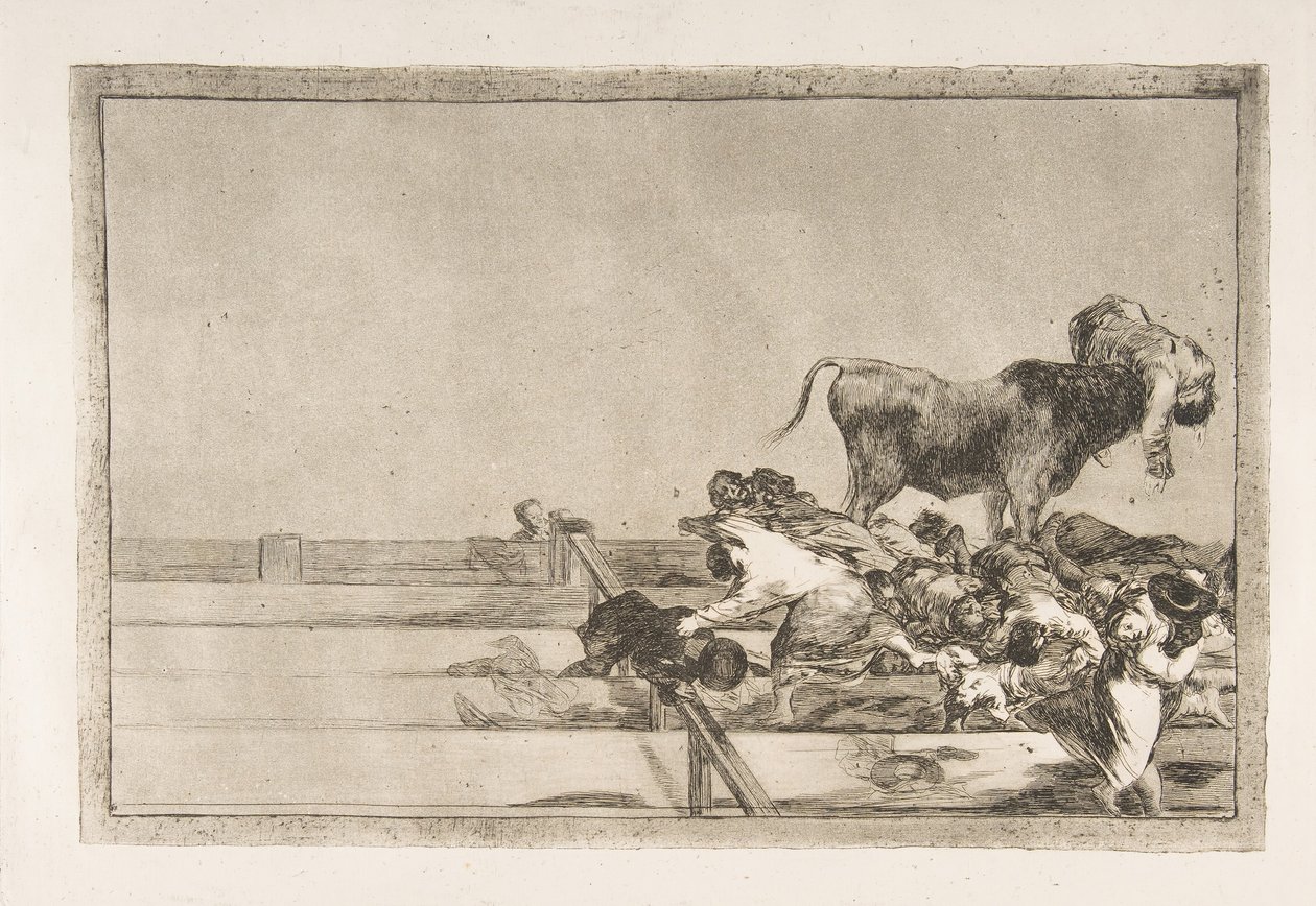 Plade 21 fra Tauromaquia: Forfærdelige begivenheder i de forreste rækker af ringen i Madrid a..., 1816. af Francisco de Goya
