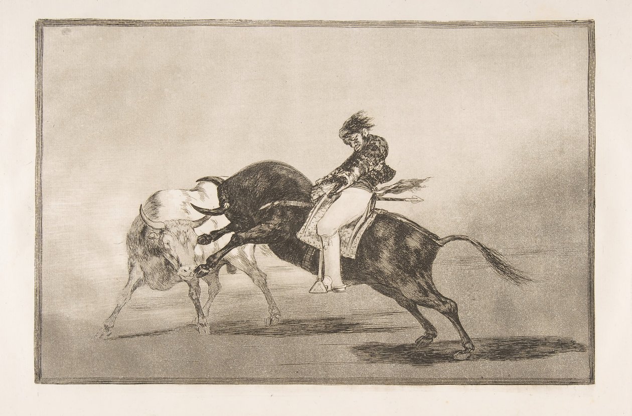 Tauromaquia-plade 24: Den samme Ceballos monteret på en anden tyr bryder kort spea..., 1816. af Francisco de Goya