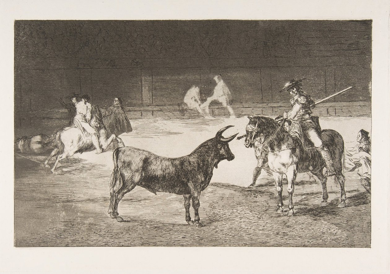 Tallerken 27 fra Tauromachia: Den berømte stinger, Fernando del Toro, tegner den brændende..., af Francisco de Goya