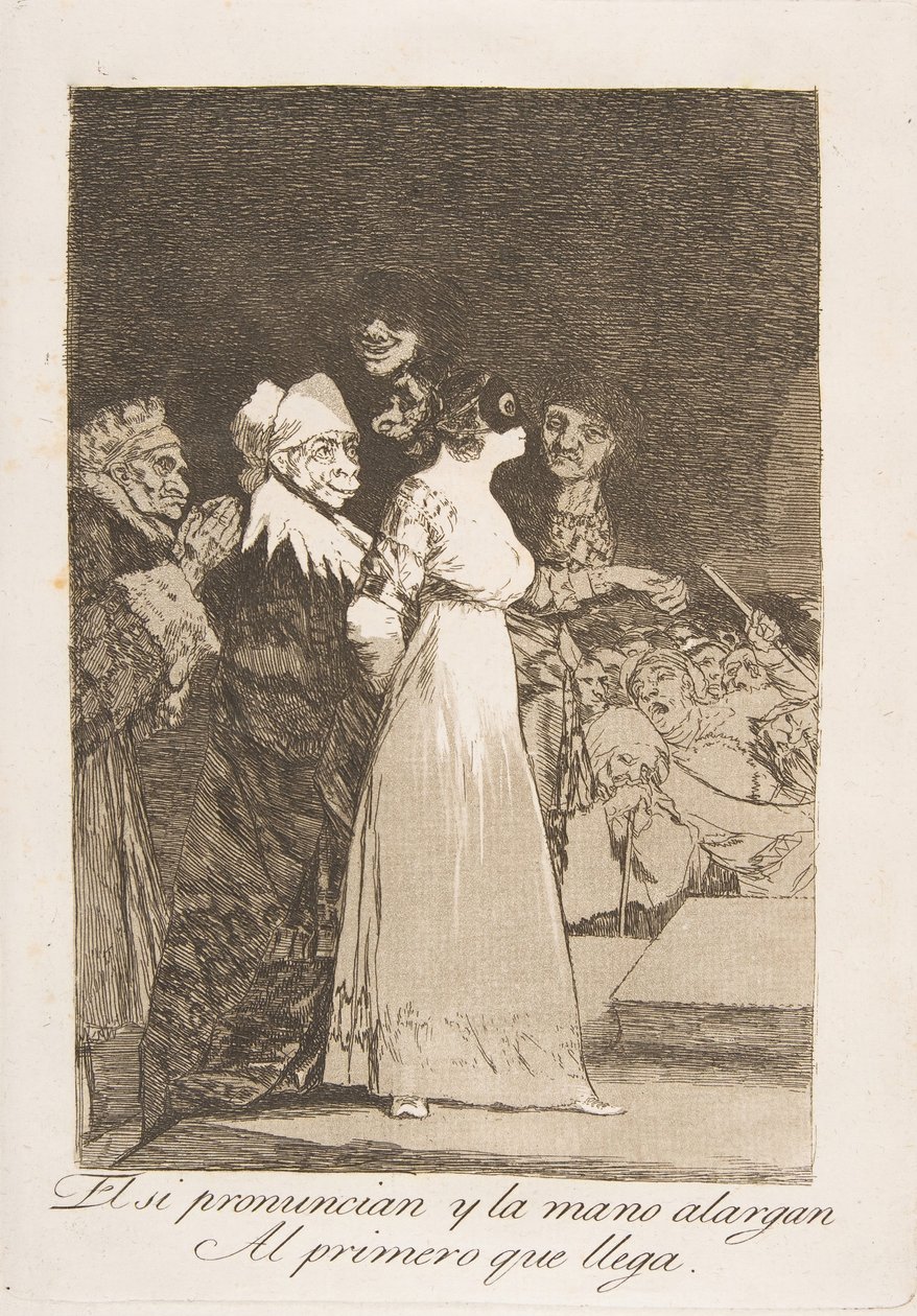 Plade 2 fra Los Caprichos: De siger ja og giver hånden til den første, der kom El si ..., 1799. af Francisco de Goya