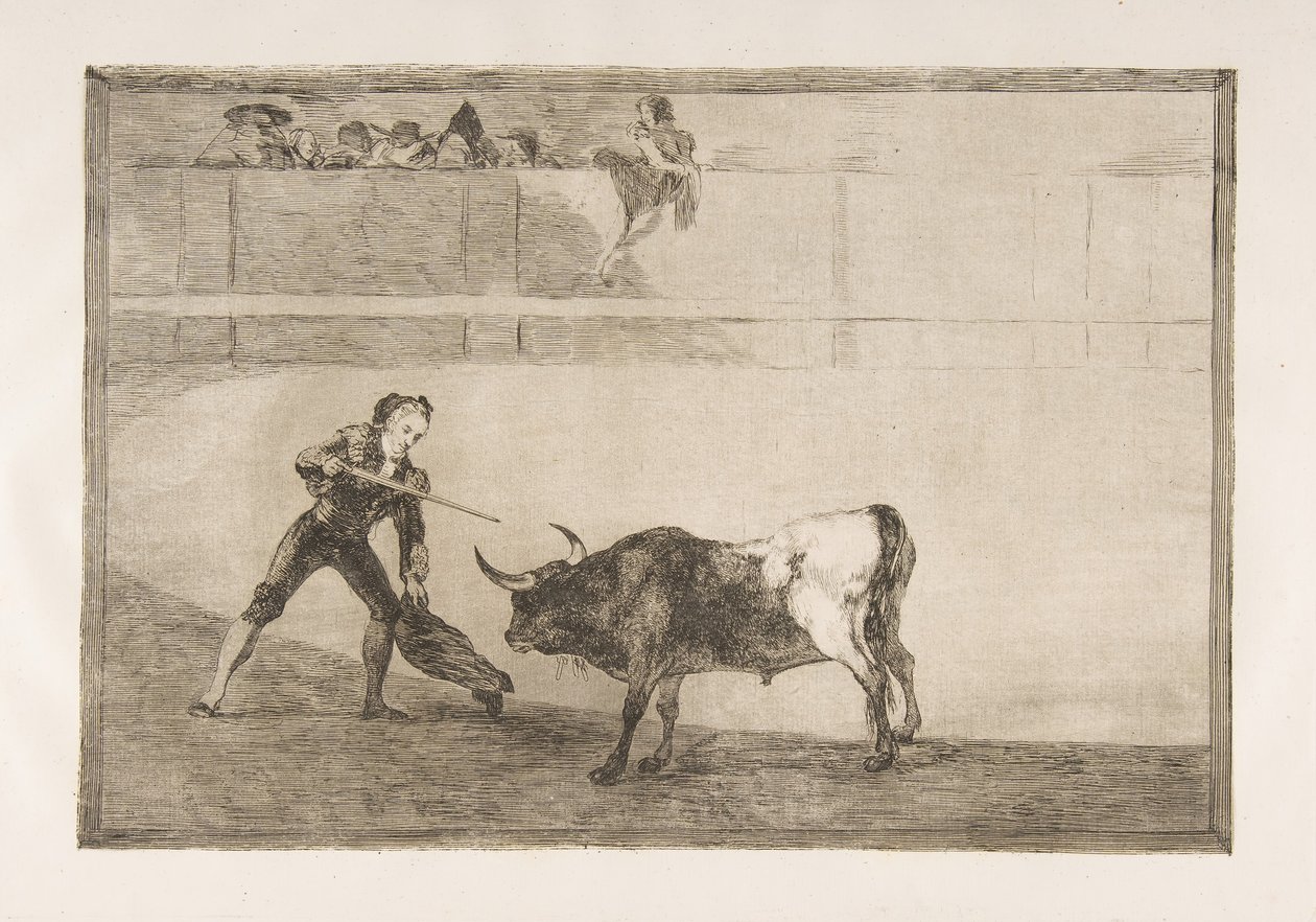 Tauromachiaens plade 30: Peter Rosemary dræber den standsede tyr., af Francisco de Goya