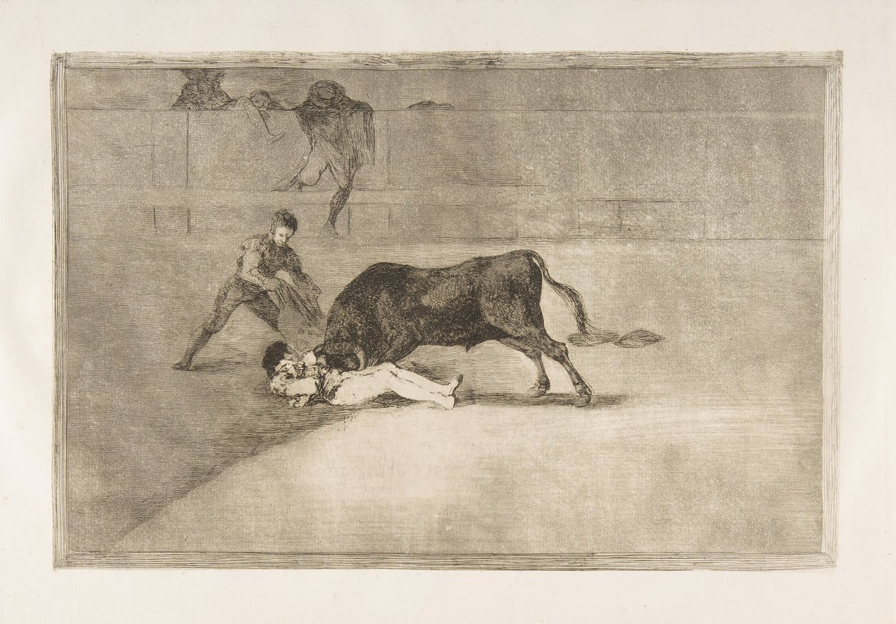 Plade 33 fra Tauromaquia: Pepe Illos uheldige død i ringen i Madrid., 1816. af Francisco de Goya