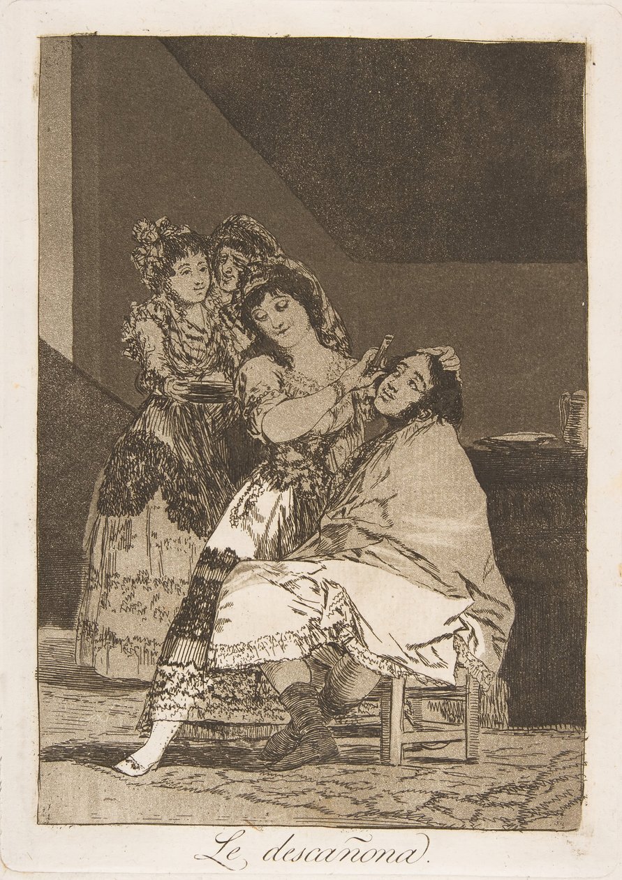 Plade 35 fra Los Caprichos: Hun flåder ham Le descañona., 1799. af Francisco de Goya