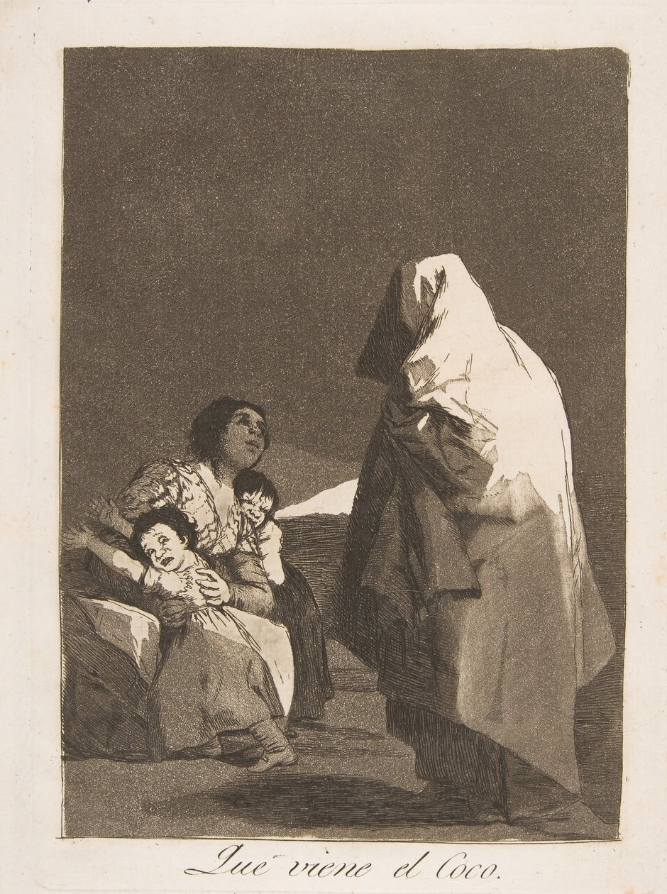 Plade 3 fra Los Caprichos: Her kommer bogey-manden Que, der kommer el Coco., 1799. af Francisco de Goya