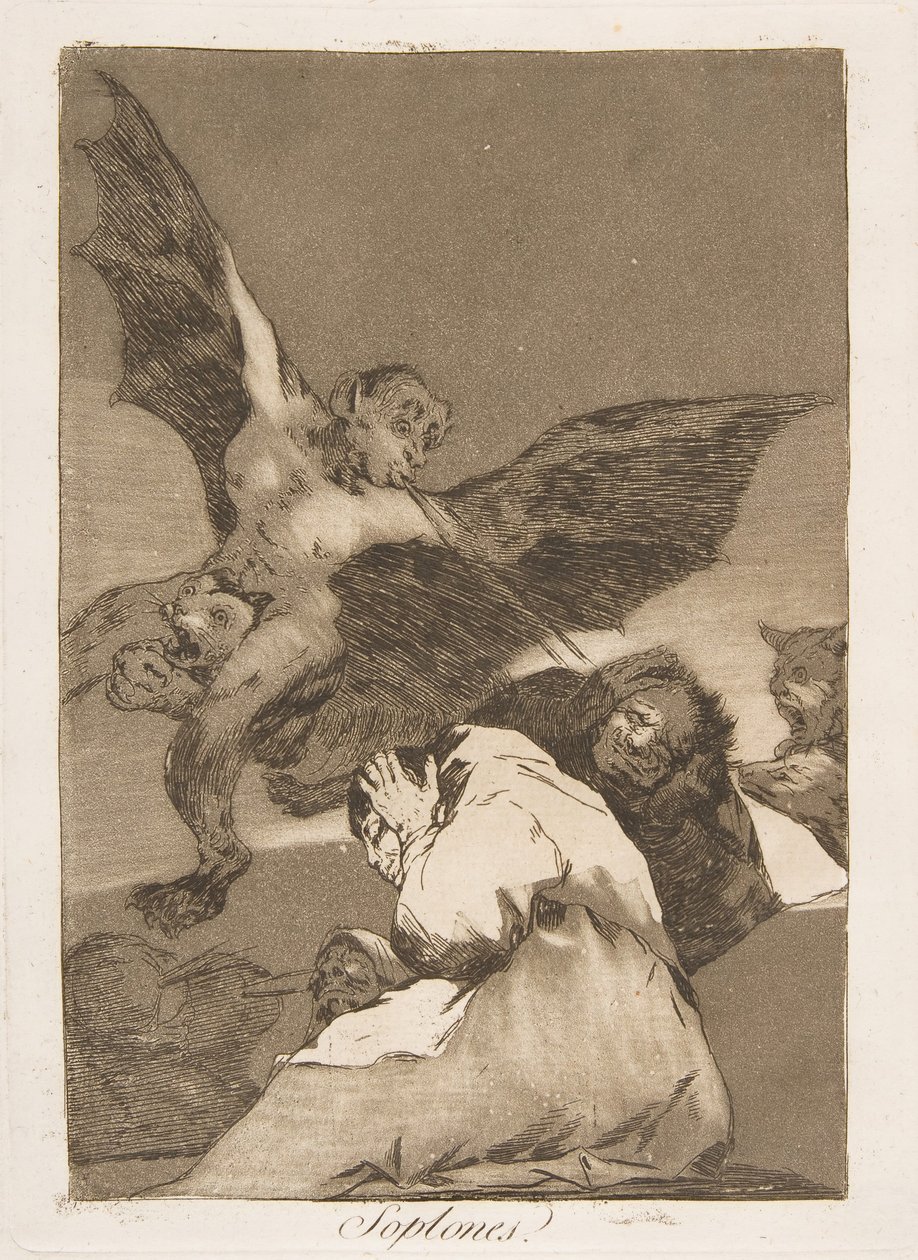Plade 48 fra Los Caprichos: Tale-Bearers-Blasts of Wind Soplones., 1799. af Francisco de Goya