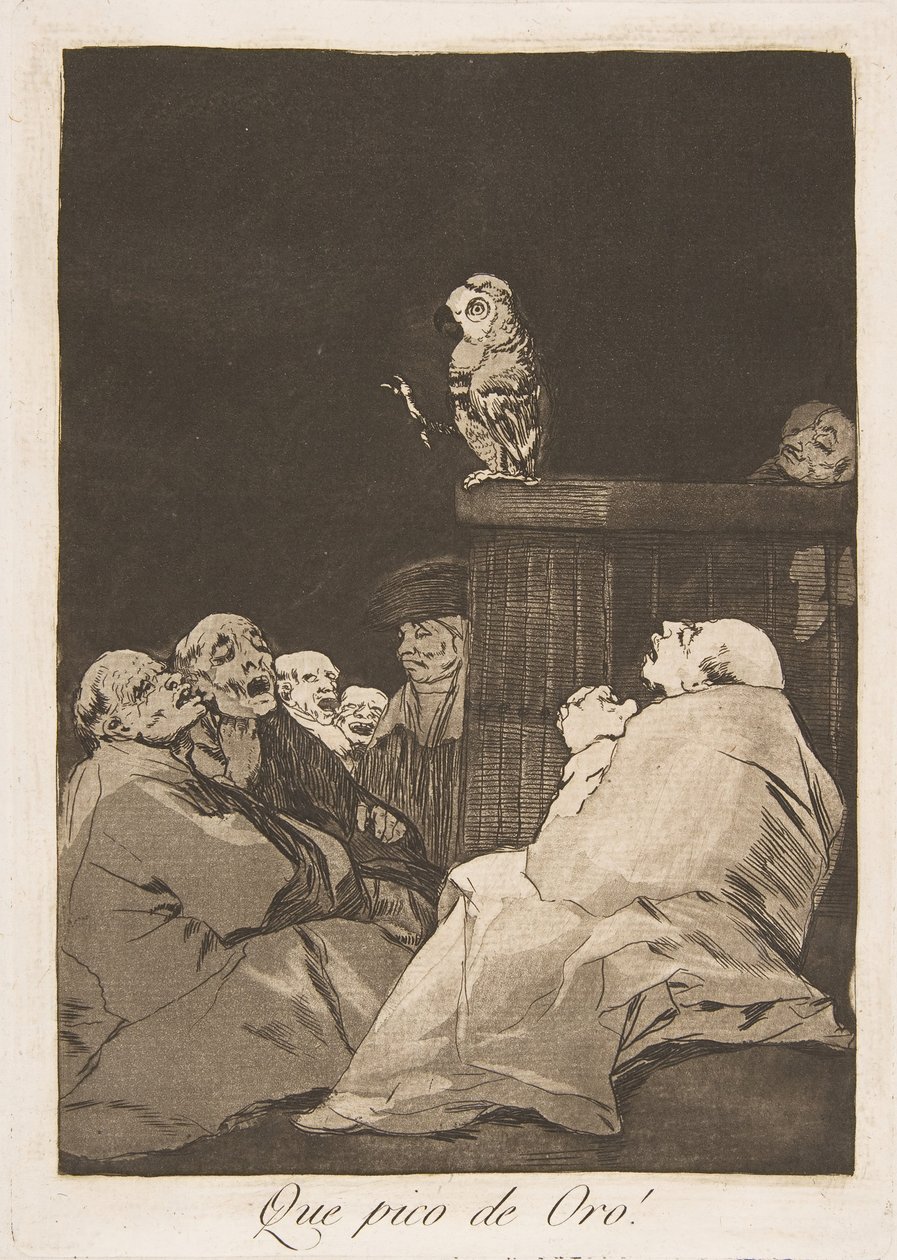 Tallerken 53 fra Los Caprichos: Sikke et gyldent næb! Que pico de Oro!, 1799. af Francisco de Goya