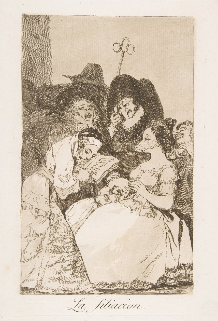Plade 57 fra Los Caprichos: The filiation La filiacion., 1799. af Francisco de Goya