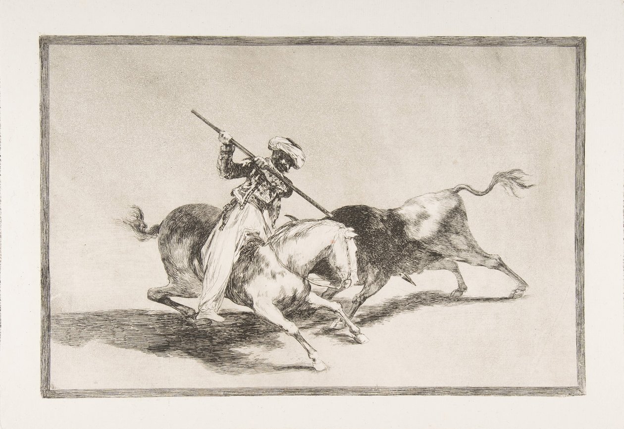 Plade 5 fra The Tauromaquia: Den livlige Moor Gazul er den første til at spyde tyre, 1816. af Francisco de Goya
