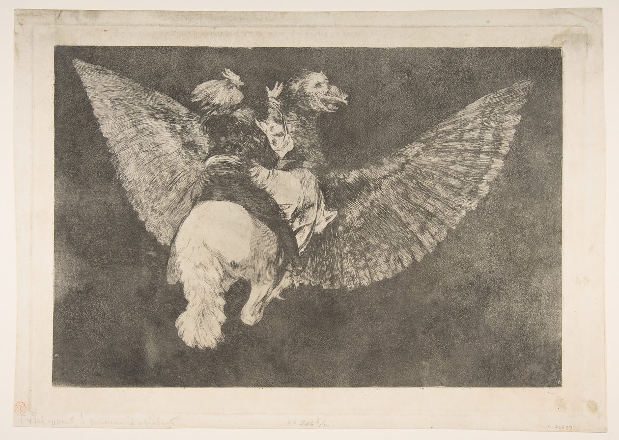 Plade 5 fra Disparates: Flying Folly, ca. 1816-23 privat trykkeri ca.1854. af Francisco de Goya
