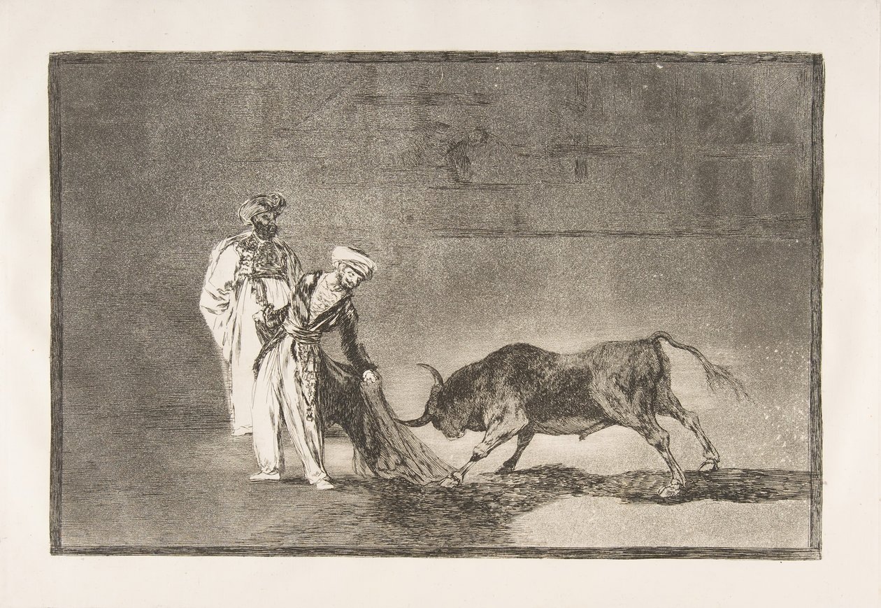 Plade 6 fra The Tauromaquia: The Moors laver et anderledes spil i ringen kalder bul..., 1816. af Francisco de Goya