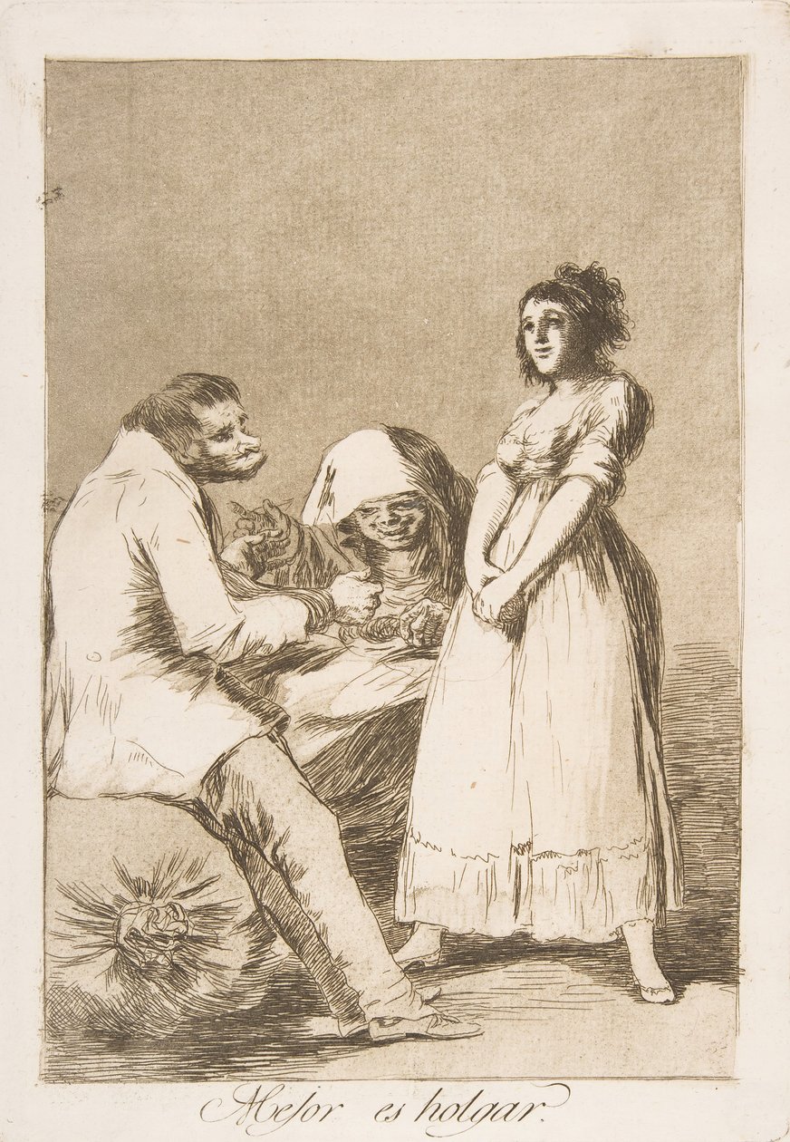 Tavle 73 fra Los Caprichos: Det er bedre at være doven Mejor es holgar., 1799. af Francisco de Goya