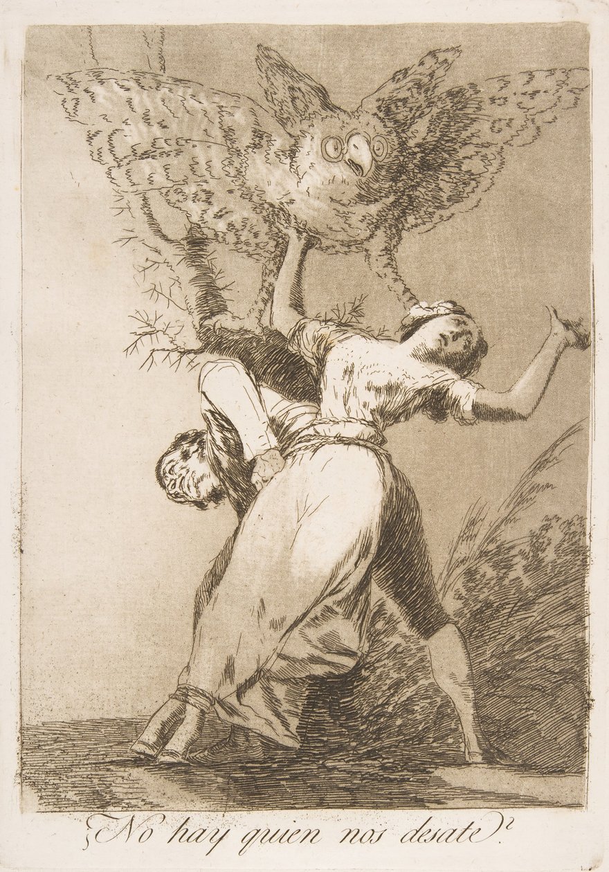 Tavle 75 fra Los Caprichos: Er der ingen, der kan løse os? Er der ingen, der kan løse os, 1799. af Francisco de Goya