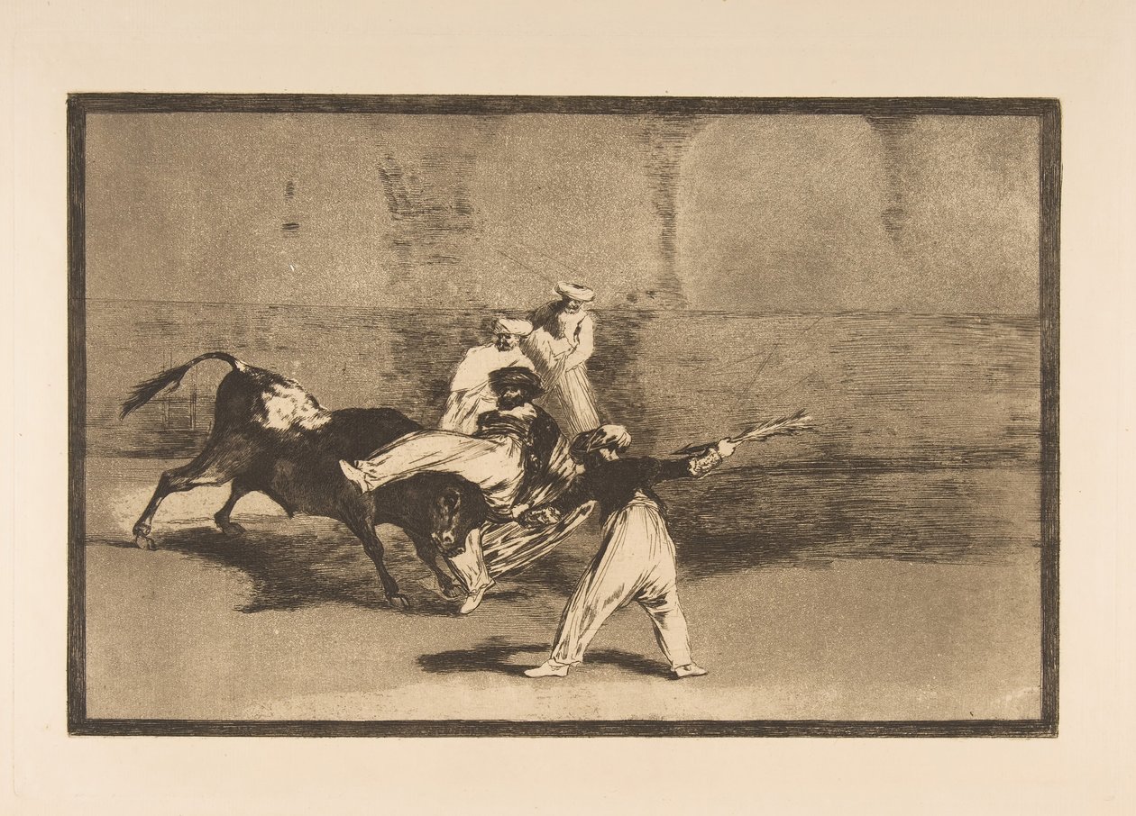 Plade 8 fra Tauromaquia: En hede fanget af tyren i ringen, ca. 1816. af Francisco de Goya